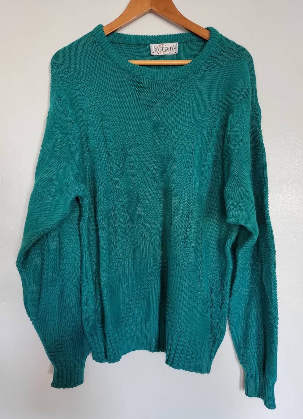 Vintage Jantzen Teal Cable Knit Sweater Mens Medium Pullover Made in USA